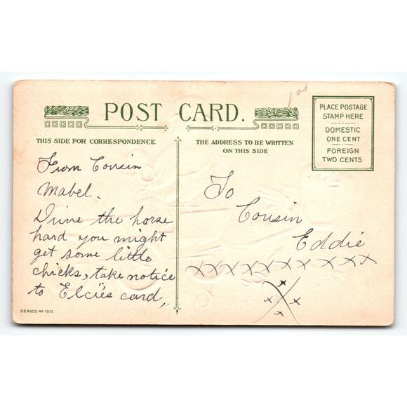 Vintage Easter Fantasy Postcard Top Hat Chick Pulling Cart with Blue Egg Buggy - Picture 2 of 2